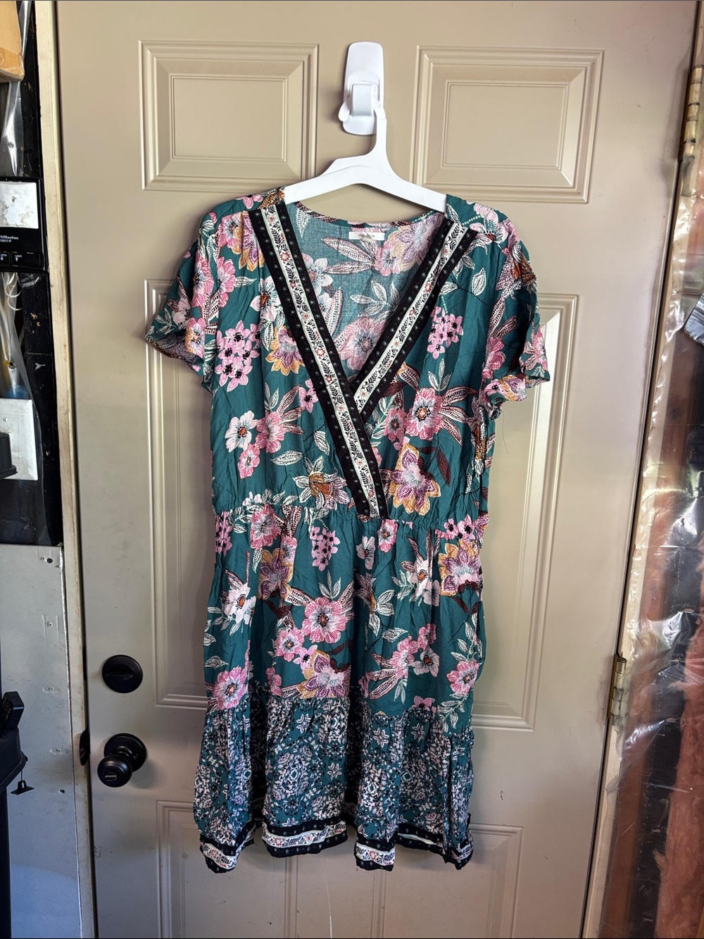 Maurices Teal Floral V-Neck Tiered Midi Dress with Pink and Cream Blooms b240